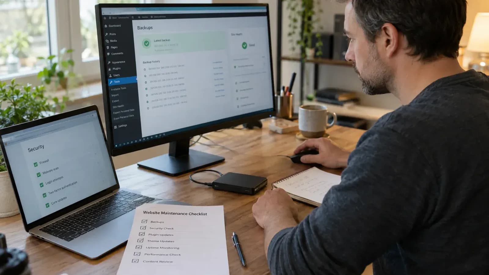 Web sitesi yedekleme, güncelleme, çalışma süresi ve güvenlik katmanlarını gösteren bakım sistemi