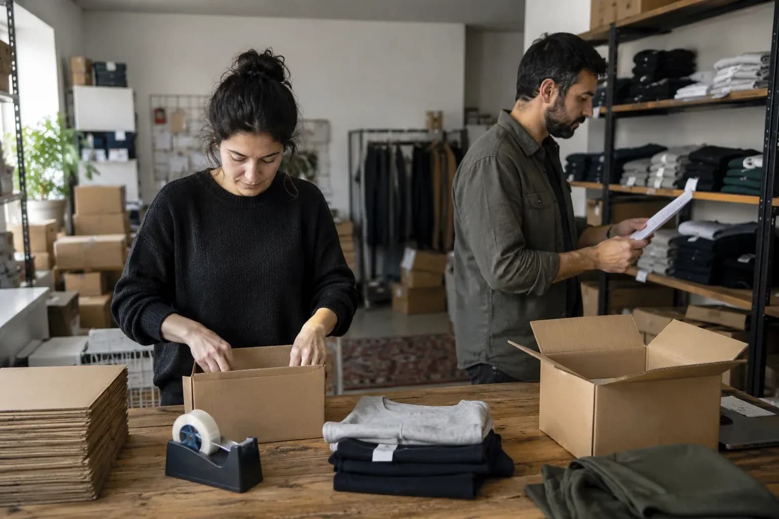 Küçük bir e-ticaret deposunda müşteri siparişlerini paketleyen çalışanlar