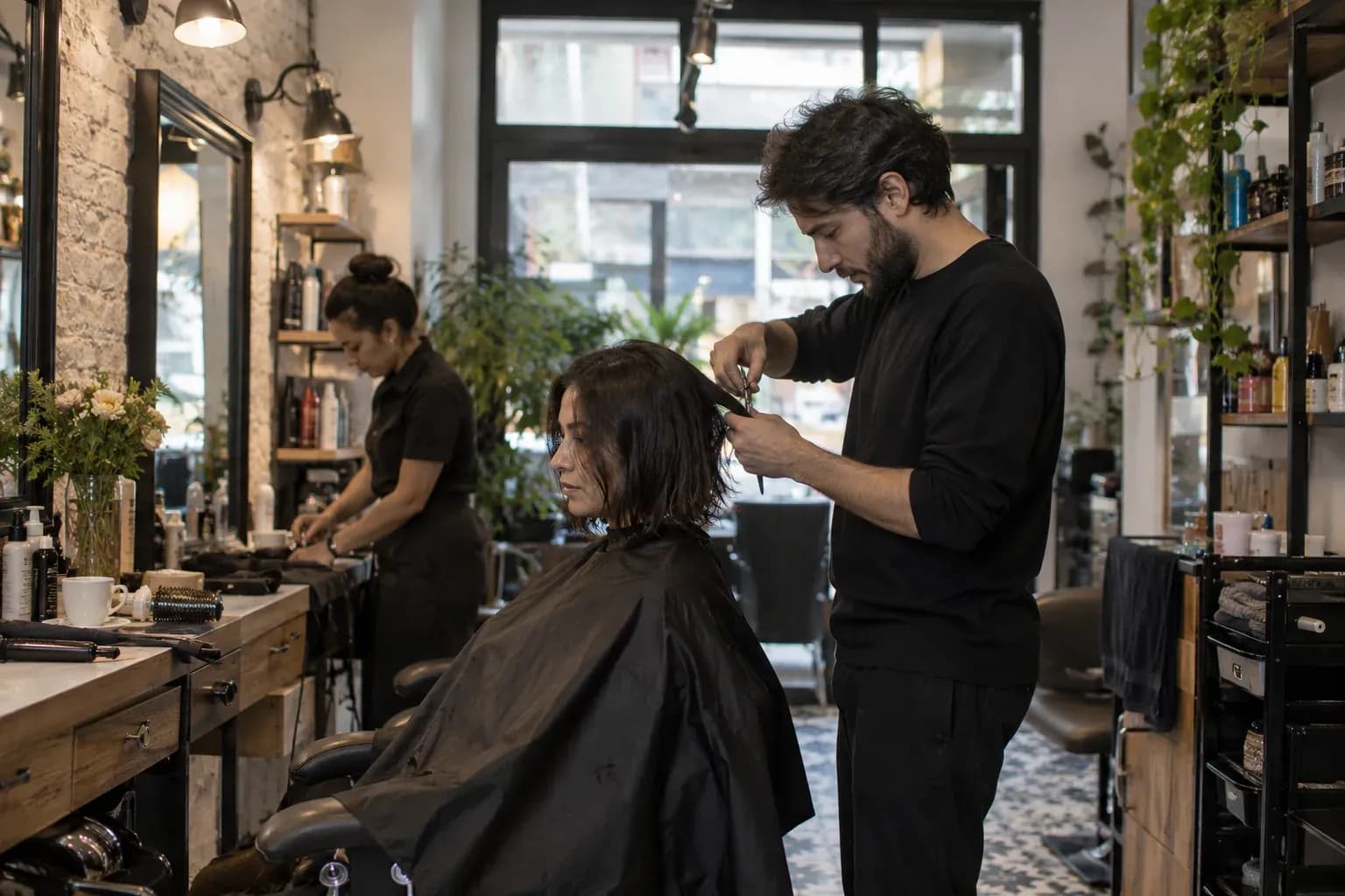 İstanbul’daki bir kuaför salonunda müşterisinin saç kesimini yapan kuaför